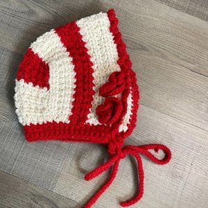 Handmade Vintage Red and White Striped Knit Baby Bonnet w/Flower Details